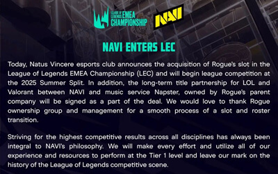 NAVI正式收購RGE進(jìn)軍LEC聯(lián)賽 與Napster達(dá)成長期冠名合作